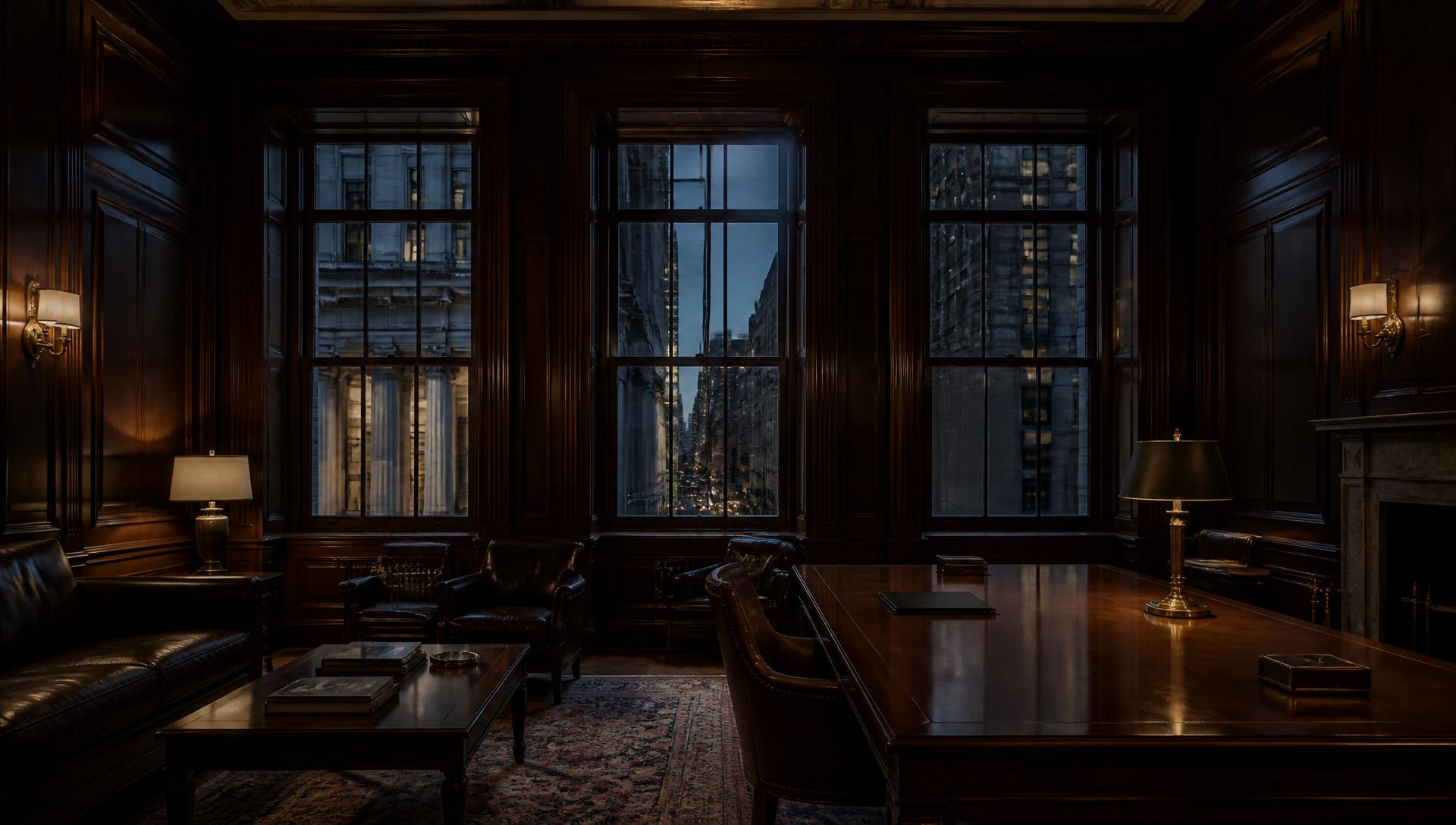 A private mahogany office overlooking Manhattan